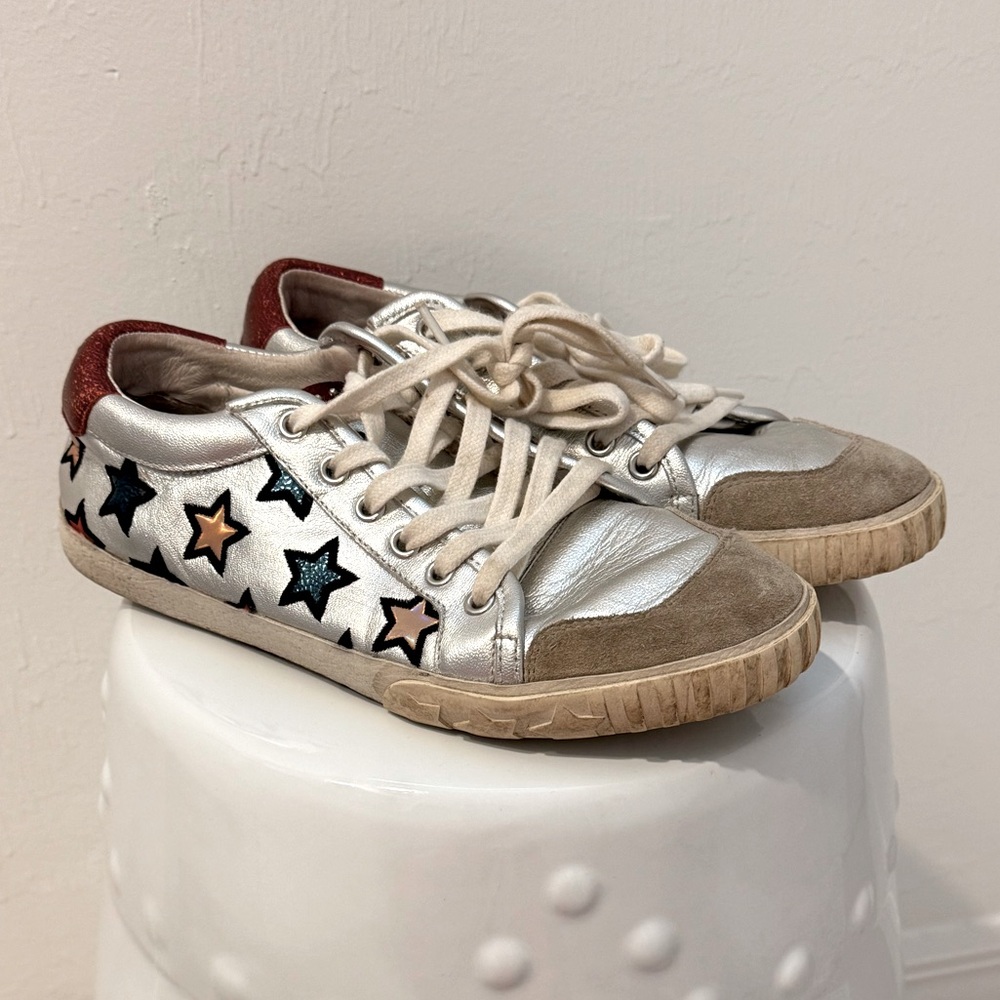 Ash Majestic Silver Metallic Platform Sneaker Multicolor Stars Motif Size 39